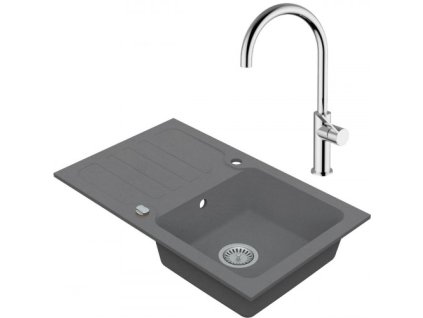 VIMA Dřezový set Teorema 2/C - Granitový dřez s odkapávací plochou 780x480x165 mm, šedá + Dřezová baterie Teorema
