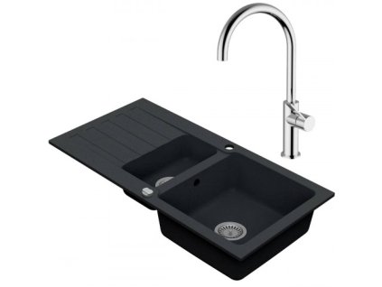 VIMA Dřezový set Teorema 3/O - Granitový dřez 960x480x183 mm 1,5-sektoru s odkapávací plochou, tmavý grafit matný + Dřezová baterie Teorema