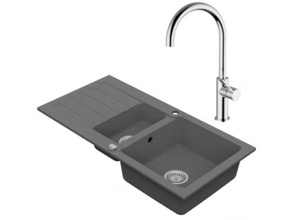 VIMA Dřezový set Teorema 3/C - Granitový dřez 960x480x183 mm 1,5-sektoru s odkapávací plochou, šedá + Dřezová baterie Teorema