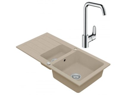 VIMA Dřezový set Hansgrohe 3/A - Granitový dřez 960x480 mm 1,5-sektoru s odkapávací plochou, písková + Dřezová baterie Hansgrohe Focus