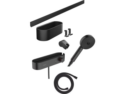Hansgrohe WallStoris Sada: ruční sprcha 105 3jet Activation EcoSmart, termostat, nástěnná tyč 70 cm a sada pro odkládání, matná černá 24250670