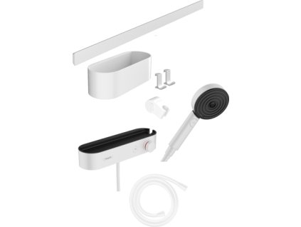 Hansgrohe WallStoris Sada: ruční sprcha 105 3jet Activation EcoSmart, termostat, nástěnná tyč 70 cm a sada pro odkládání, matná bílá 24250700