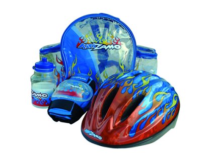 KIDZAMO set FLAME modrý přilba+chrániče+láhev+batoh 48-52cm