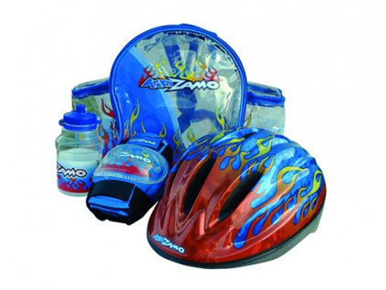 KIDZAMO set FLAME modrý přilba+chrániče+láhev+batoh 52-56cm