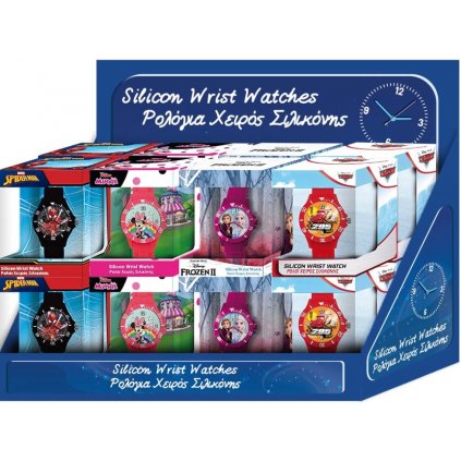 Set 16 silikonových hodinek DISNEY (4x CARS, FROZEN 2, MINNIE, SPIDERMAN)+DISPLAY 40x20x30