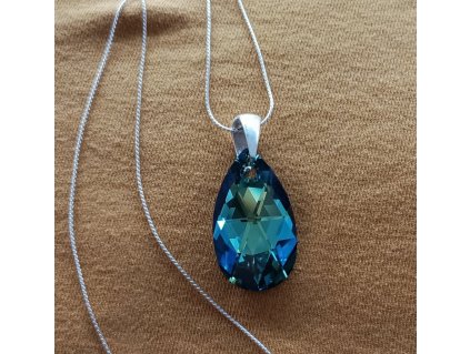Nahrdelnik Swarovski elements hruska modra Bermuda Blue 28mm