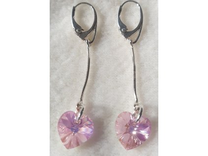 Náušnice na retiazke Swarovski elements srdce ružové Light Rose, 50mm