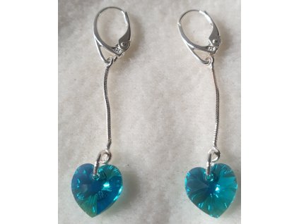 Náušnice na retiazke Swarovski elements srdce modré Blue Zircon AB, 50mm