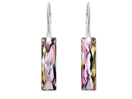 Elegantné náušnice Swarovski elements Queen Baguette fialové Vitrail Light 25mm