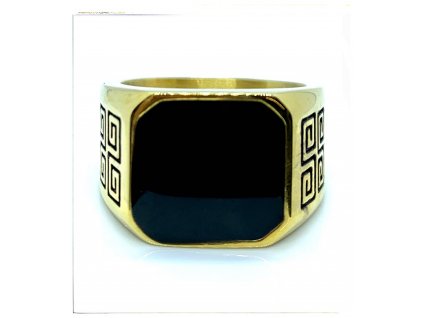 (O108) Ocelový pánský prsten PEČEŤ s řeckým vzorem, GOLD/zlatá barva