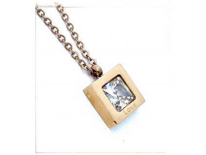 (O4047) Ocelový dámský set/náhrdelník ČTVEREC s kamínkem, ROSE GOLD/růžová barva