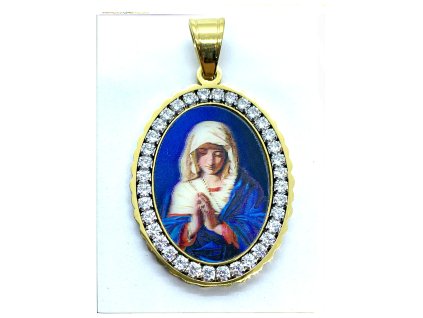 (O478) Ocelová MADONKA s kamínky, ovál 3,3 cm, GOLD/zlatá barva