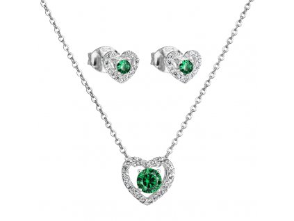 Stříbrný set přívěsek a náušnice – Smaragdové srdce se zeleným zirkonem