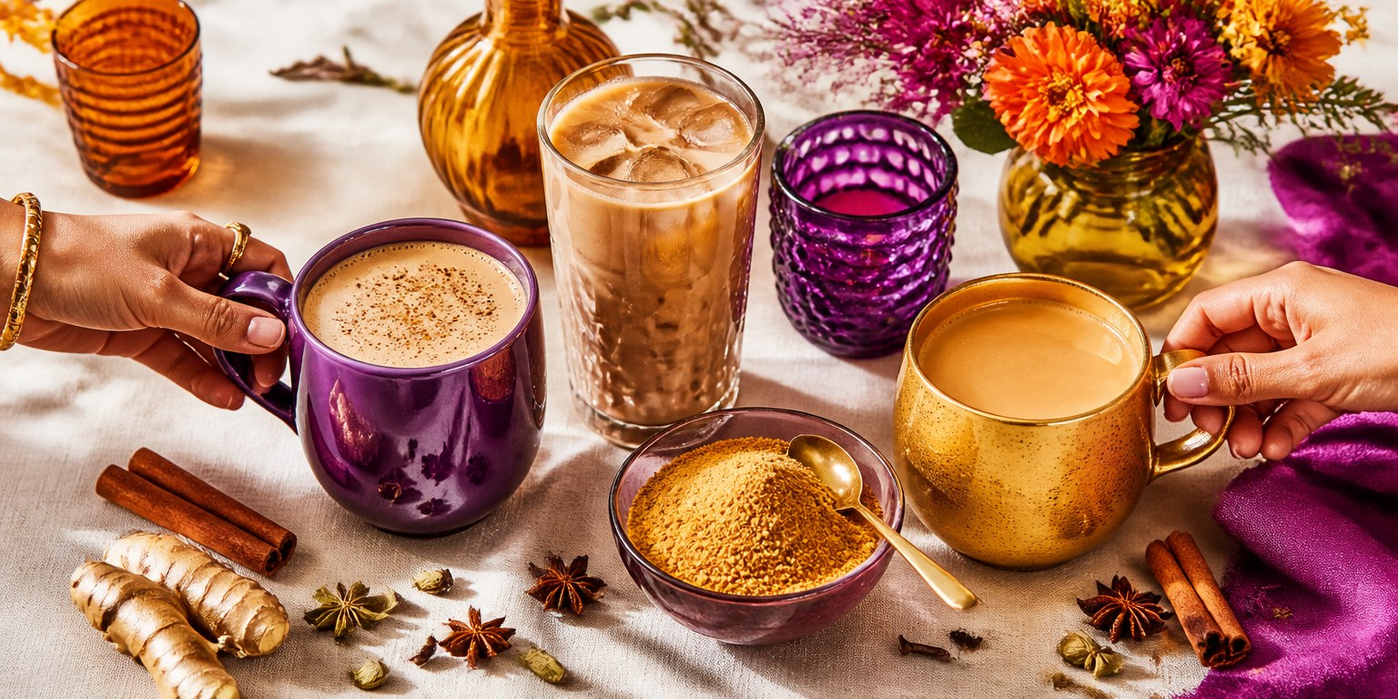 Prostřený stůl s hrnky horkého masala chai, sklenicí ledového chai a celým kořením