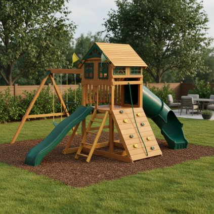Dětské hřiště Gorilla Outing z cedrového dřeva s tobogánem a skluzavkou