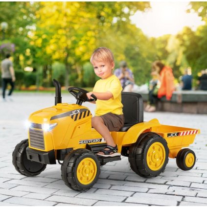 Dětský traktor na dálkové ovládání s přívěsem - Žlutý