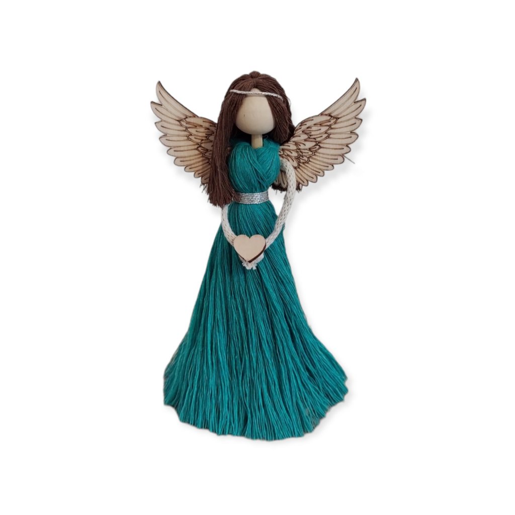 Zelenomodrá andělka stojicí, se srdcem, 16 cm