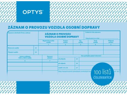 OPTYS 1177, Záznam o provozu vozidla osobní dopravy A5, číslovaný, 100 listů