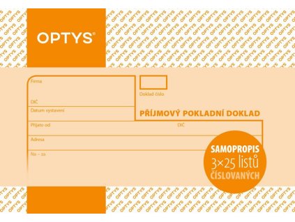 OPTYS 1082, Příjmový doklad A6, samopropisovací, číslovaný, 3 x 25 listů