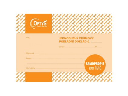 OPTYS 1302, Příjmový doklad A6, jednoduchý, samopropisovací, 100 listů