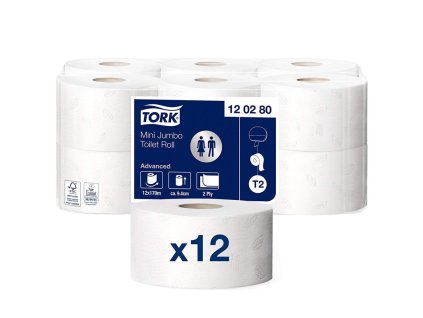 tork 120280 mini jumbo toaletni papir dvouvrstvy 12 ks bily 170m t2
