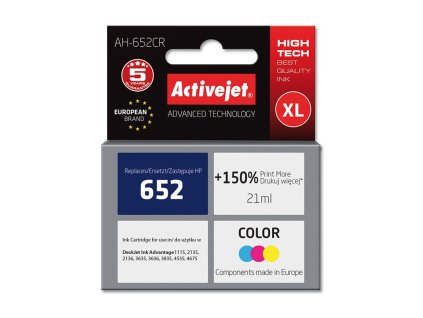 ah 652cr inkoustova cartridge activejet hp f6v24ae barevna c652xl 21ml 400 str