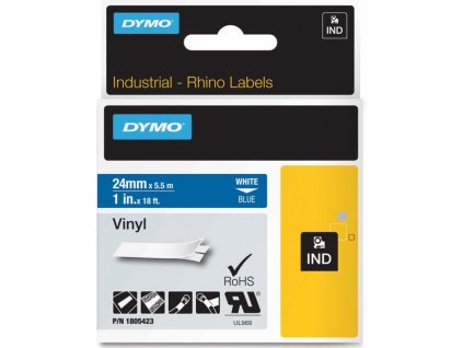 dymo stitky rhino vinylove 24 mm x 55 m bila na modre 1805423