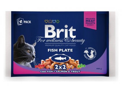3081 brit premium cat pouches rybi mix 400g treska losos pstruh