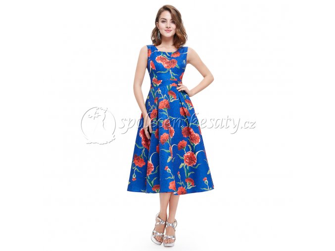 Modré barevné společenské šaty s květy do půl lýtek L205 2