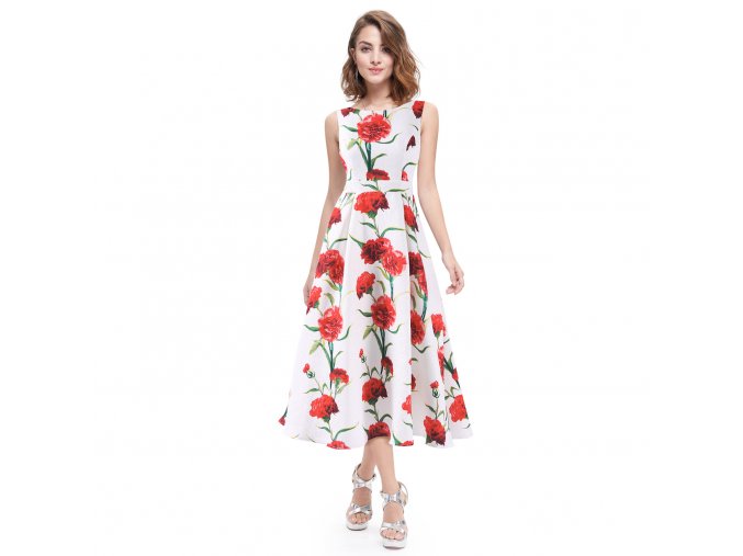 Bílé červené květinové společenské letní polodlouhé svatební šaty
