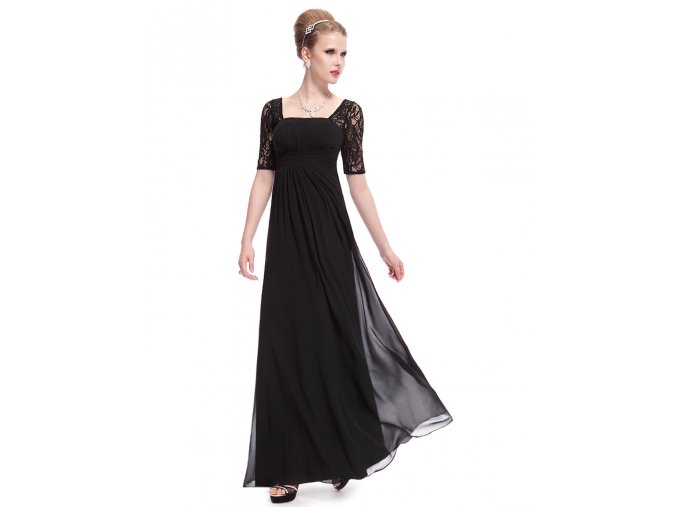 Černé dlouhé luxusní společenské těhotenské šaty s krajkovými rukávy