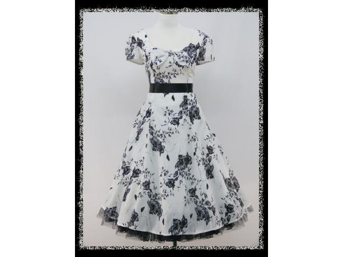 Černobílé krátké společenské šaty s květinovým potiskem s rukávkem na ples DR0747