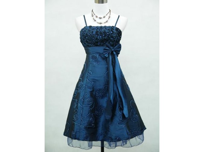 Modré krátké společenské šaty po kolena na ramínka s mašlí B4280a