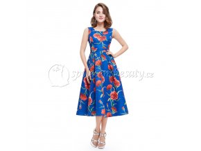 Modré barevné společenské šaty s květy do půl lýtek L205 2