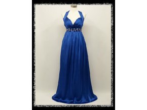 Modré dlouhé plesové šaty za krk s kamínky pod prsy i pro těhotné DR1435