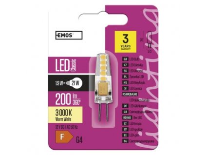LED žárovka - Classic JC A++ - 2W, 210lm, G4, teplá bílá (WW) - Emos (ZQ8620)