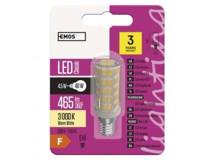 LED žárovka - Classic JC A++ - 4,5W, 470lm, E14, teplá bílá- Emos (ZQ9140)