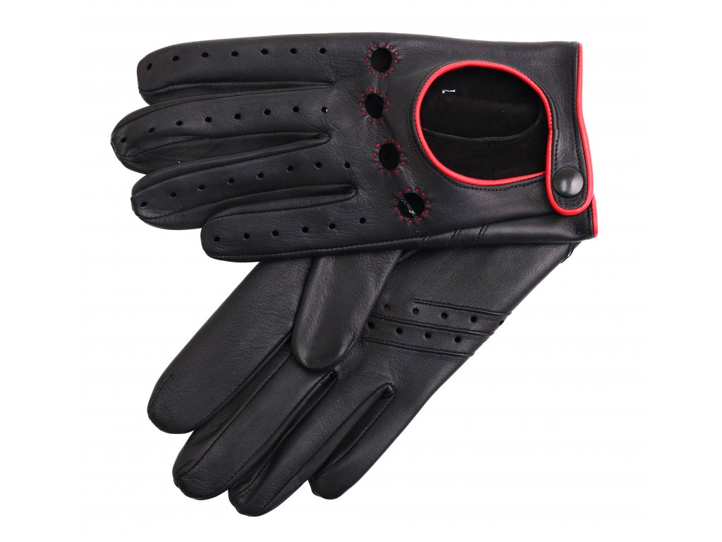 Pánské kožené řidičské rukavice 1452P černé s červeným štepováním a doplňky