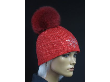 Zimná pletená čiapka s kožušinovým brmbolcom R-Jet 648 červená so striebornym lurexem