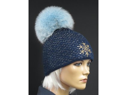 Dámska zimná pletená čiapka s kožušinovým brmbolcom 303 tmavo modrá so zlatým lurexom