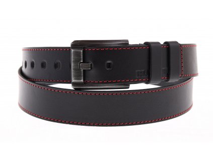 Pánský kožený opasek Black Hand 120-98 černý + červený štep NADMĚRNÁ DÉLKA