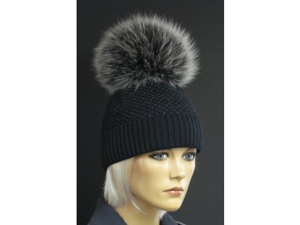 Dámská zimní pletená čepice s kožešinovou bambulí 350 černá s černým lurexem