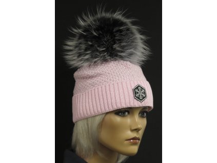 Luxusní pletená čepice s kožešinovou bambulí R Jet 688 světle růžová