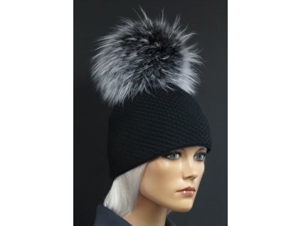 Dámská zimní pletená čepice s kožešinovou bambulí 690 černá