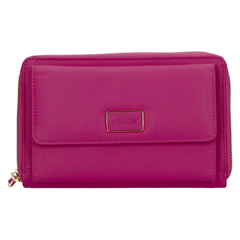 Kožená peněženka/kabelka s popruhem Lagen ELLA fuchsiová