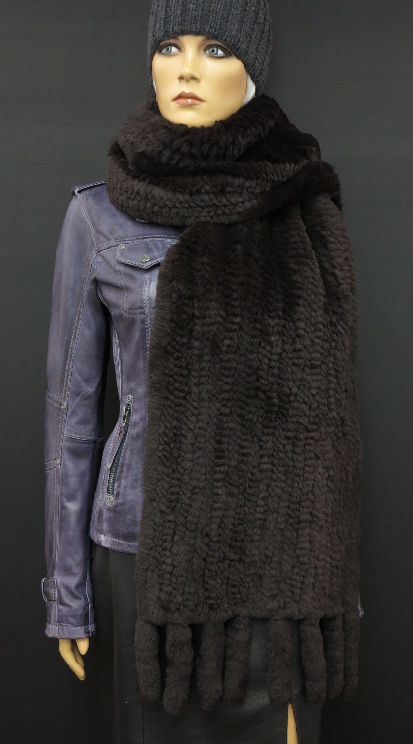 Špongr Maxi kožešinová šála z králíka rexe S47 hnědá - délka 185 cm