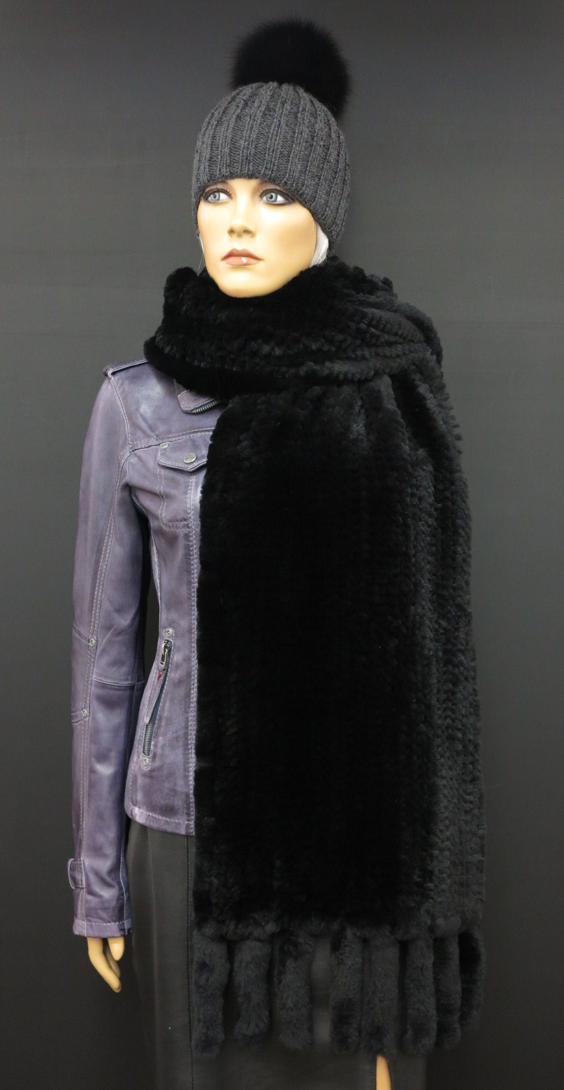 Špongr Maxi kožešinová šála z králíka rexe S48 černá - délka 185 cm