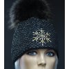Dámska zimná pletená čiapka s kožušinovým brmbolcom 654 čierna so zlatým lurexom