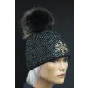 Dámska zimná pletená čiapka s kožušinovým brmbolcom 654 čierna so zlatým lurexom