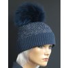 Dámská zimní pletená čepice s kožešinovou bambulí 301 tmavě modrá se stříbrným lurexem